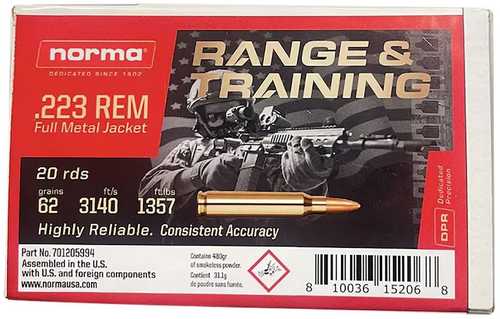 Norma Range & Training Rifle Ammunition .223 Remington 62 Grain Full Metal Jacket 3140 Fps 20 Rounds