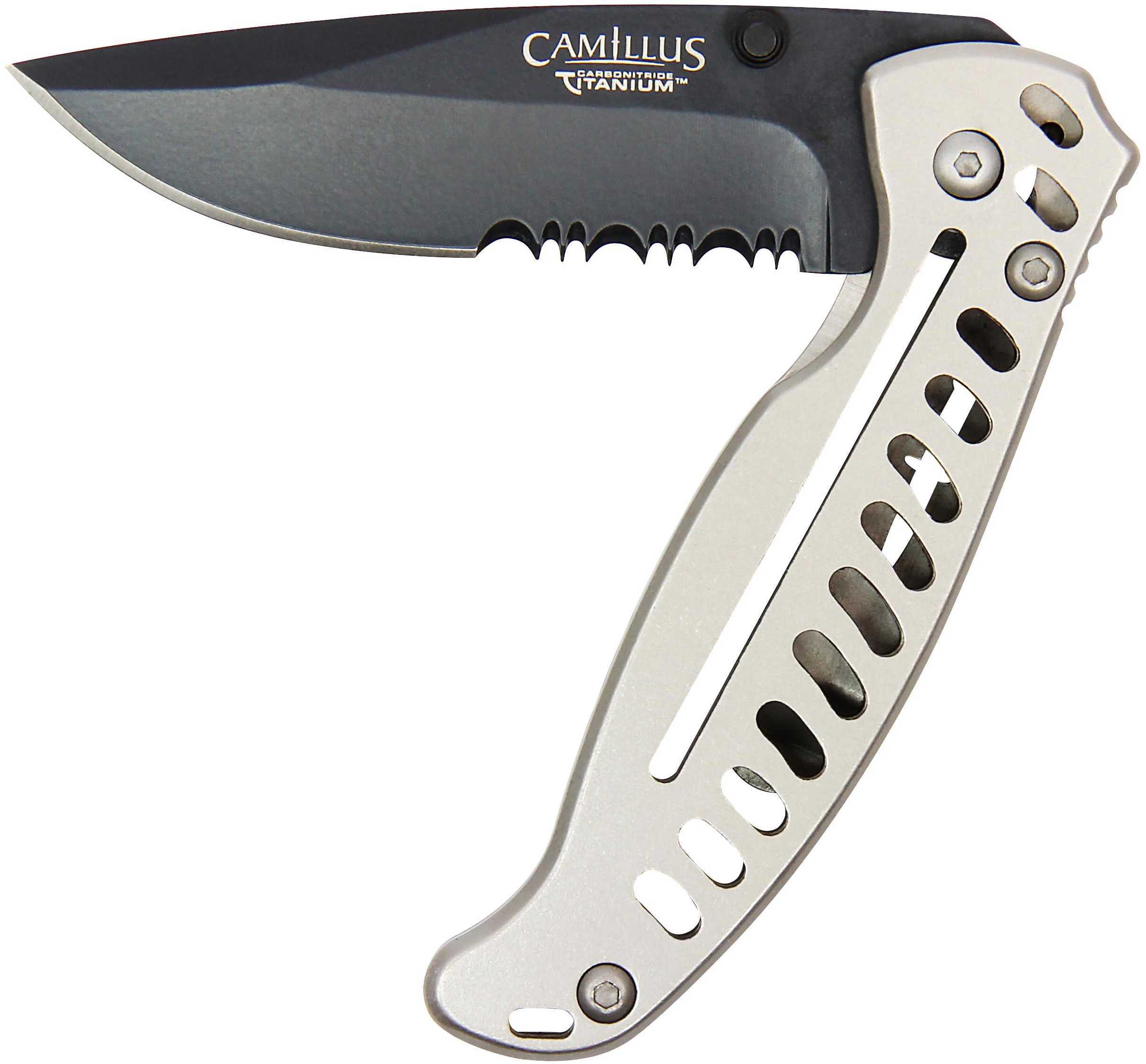 Camillius Edc3 Folding Knife Combo Edge Silver Stainless Steel Handle Matte Finish Black 3" Blade Length 6.75" Overall L