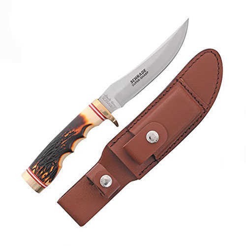 Uncle Henry 1100087 5" Fixed High Carbon Stainless Steel Blade, Satin Finish, Textured Staglon Grip With Brass Accents