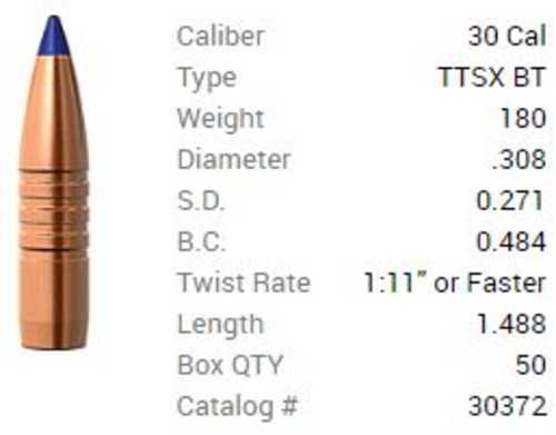 Barnes 30 Caliber .308 Diameter 180 Grain Poly-Tipped Triple Shock Boat Tail 50 Count