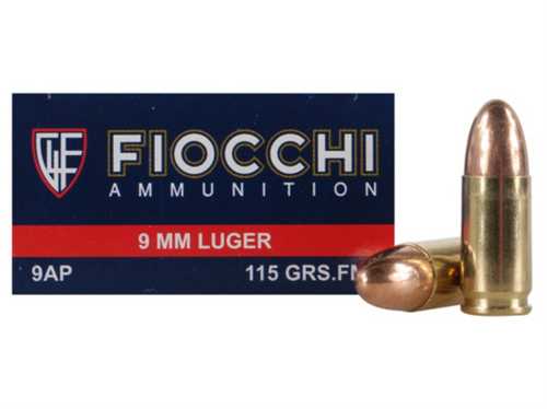 Fiocchi 9mm Luger 115 Grain Full Metal Jacket Ammunition, 50 Rounds Per Box   Model 9AP