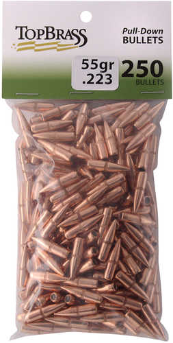 Top Brass Pull-Down Bullets 223 dia 55 Gr Qty 250 Full Metal Jacket Boat Tail (FMJBT)