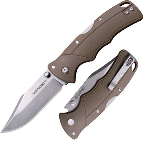 Cold Steel CSFLC3CPSSFDEZ Verdict 3" Folding Clip Point Plain Stonewashed 4116 SS Blade/Brown GFN Handle Includes Belt C