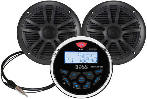 Boss Audio MCKGB350B.6 Combo - Marine Gauge Radio w/Antenna &amp; 2 6.5" Speakers - Black