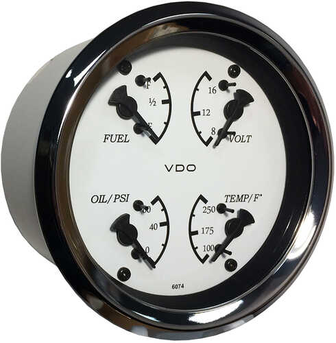 VDO Allentare 4 In 1 Gauge - 85mm White Dial/Black Pointer Oil Pressure Water Temp Fuel Level Voltmeter Chrome