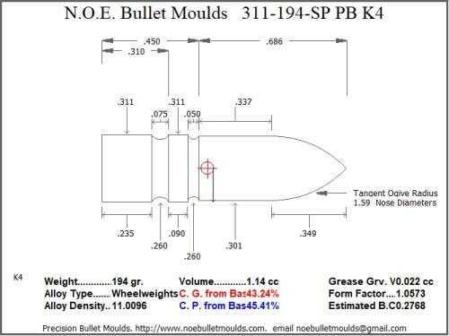 Bullet Mold 2 Cavity Aluminum .311 caliber Plain Base 194gr with Spire point profile type. Designed for use in