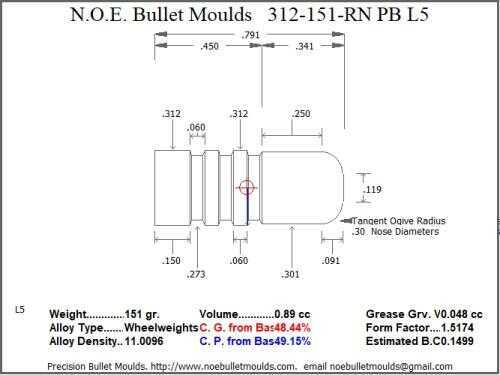 Bullet Mold 4 Cavity Aluminum .312 caliber Plain Base 151gr with Round Nose profile type. Designed for use in 3