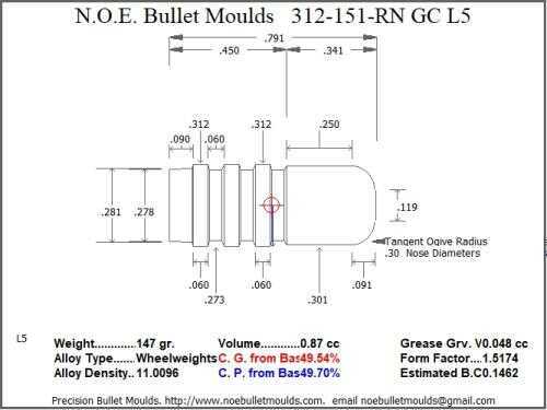 Bullet Mold 5 Cavity Aluminum .312 caliber Gas Check 151gr with Round Nose profile type. Designed for use in 30