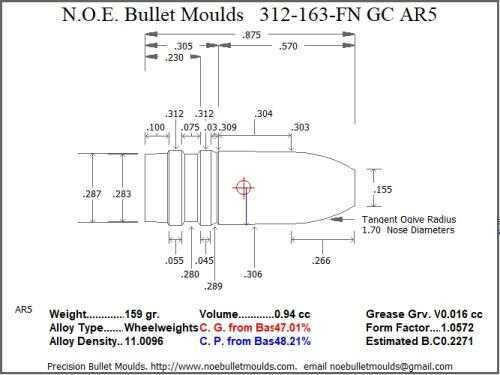 Bullet Mold 2 Cavity Aluminum .312 caliber Gas Check 163gr with Flat nose profile type. Designed for use in 30-