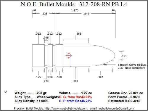 Bullet Mold 2 Cavity Aluminum .312 caliber Plain Base 208gr with Round Nose profile type. Designed for use in 3