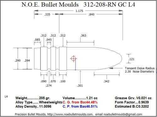 Bullet Mold 4 Cavity Brass .312 caliber Gas Check 208gr with a Round Nose profile type. Designed for use in 30-40