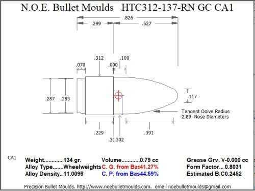 Bullet Mold 4 Cavity Brass .312 caliber GasCheck and Plain Base 137gr with Round Nose profile type. Designed fo