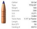 Barnes 30 Caliber .308 Diameter 180 Grain Poly-Tipped Triple Shock Boat Tail 50 Count